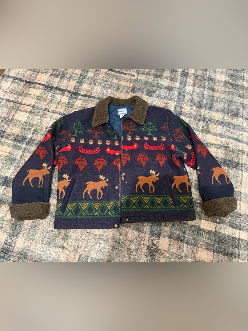 Pendleton Navy Wool Moose & Canoe Pattern Zip Jacket